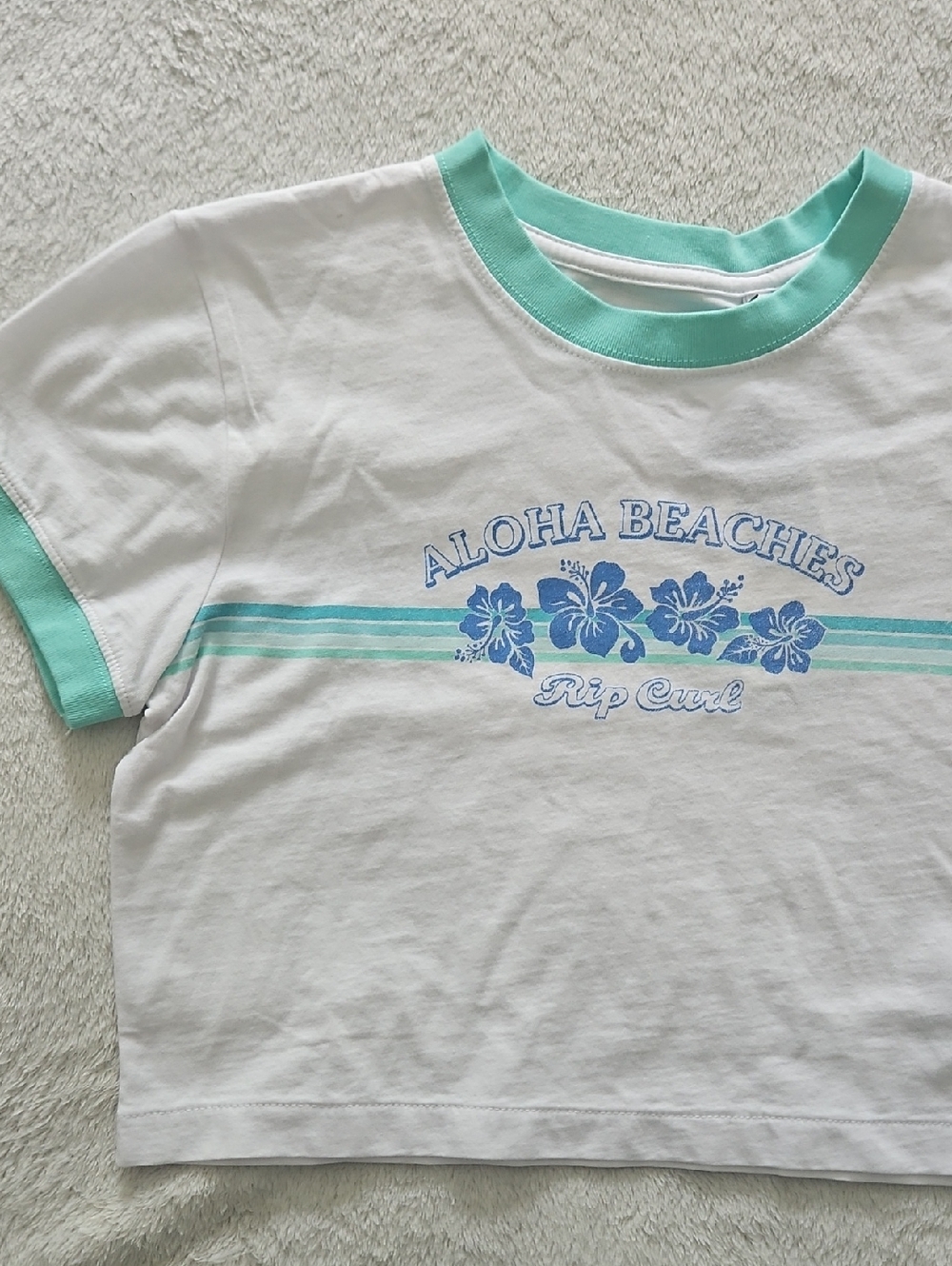 Rip Curl Crop Keepsakes Baby Tee Aloha Beaches: White W/Green/Blue: Size- Small